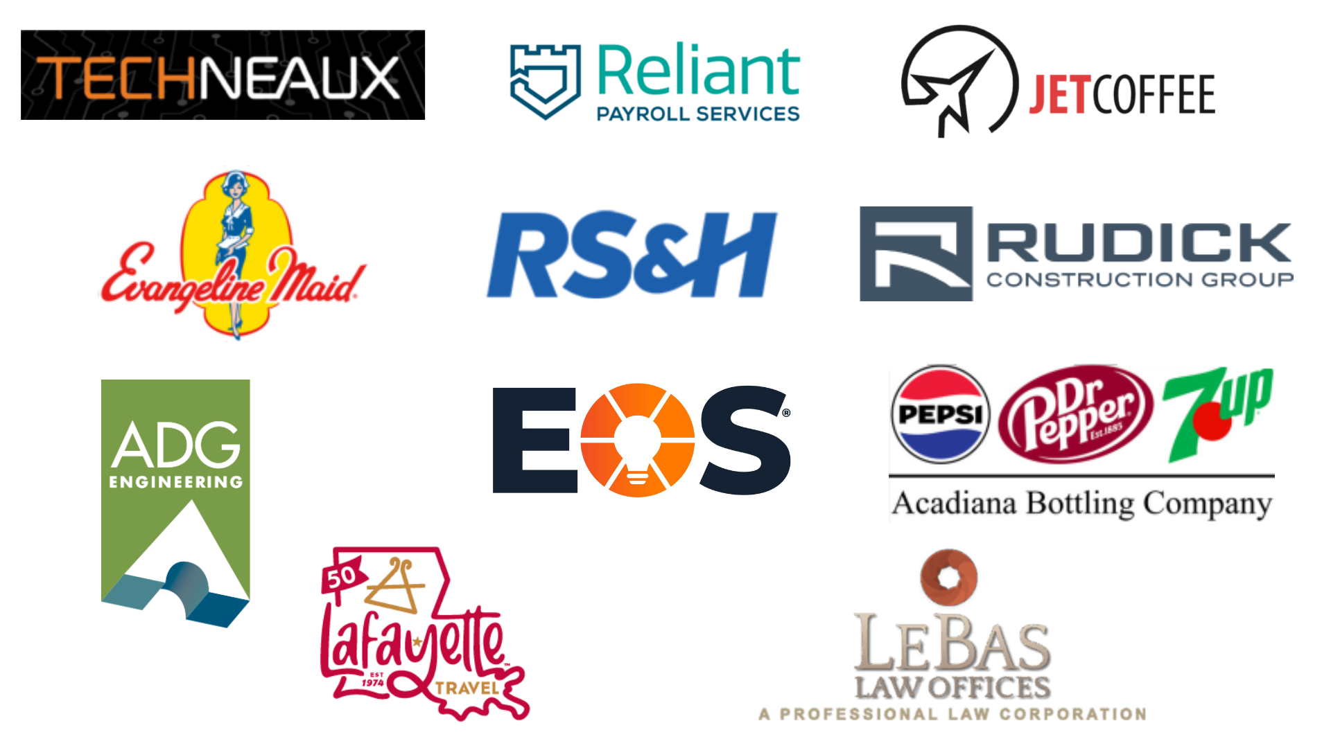 Business Partners Logos of New Hope's Business Partners including TechNeaux, Reliant Payroll Services, Jet Coffee, Evangeline Maid, RS&H, Rudick Construction Group, ADG Engineering, Stronger Company, Acadiana Bottling Company (Pepsi, Dr Pepper, 7UP), Lafayette Travel, and Lebas Law Offices