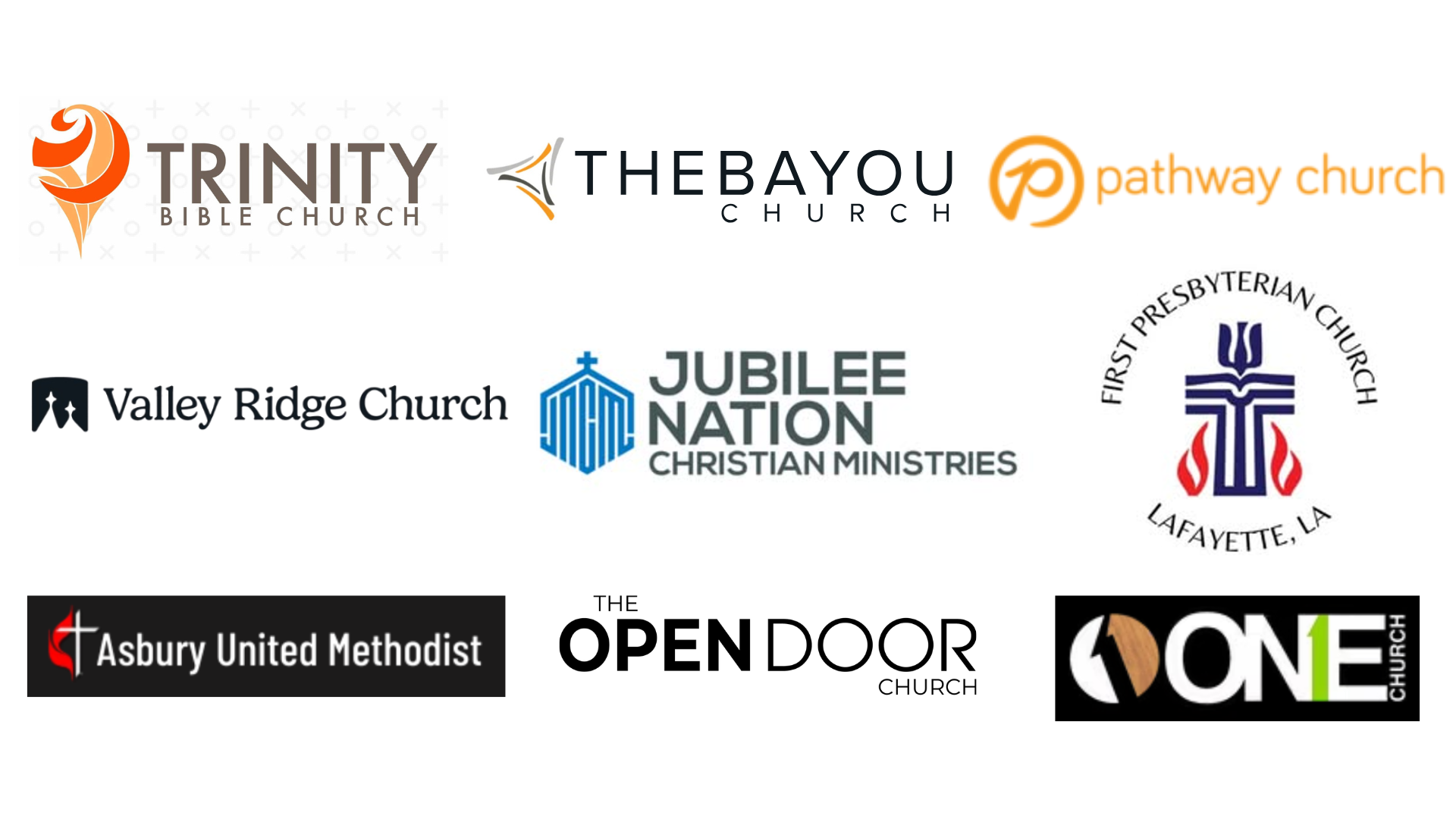 Faith Partners Logos of New Hope's Faith Partners including Trinity Bible Church, The Bayou Church, Pathway Church, Valley Ridge Church, Jubilee Nation Christian Ministries, First Presbyterian Church Lafayette, Asbury United Methodist, The Open Door Church, and One Church.