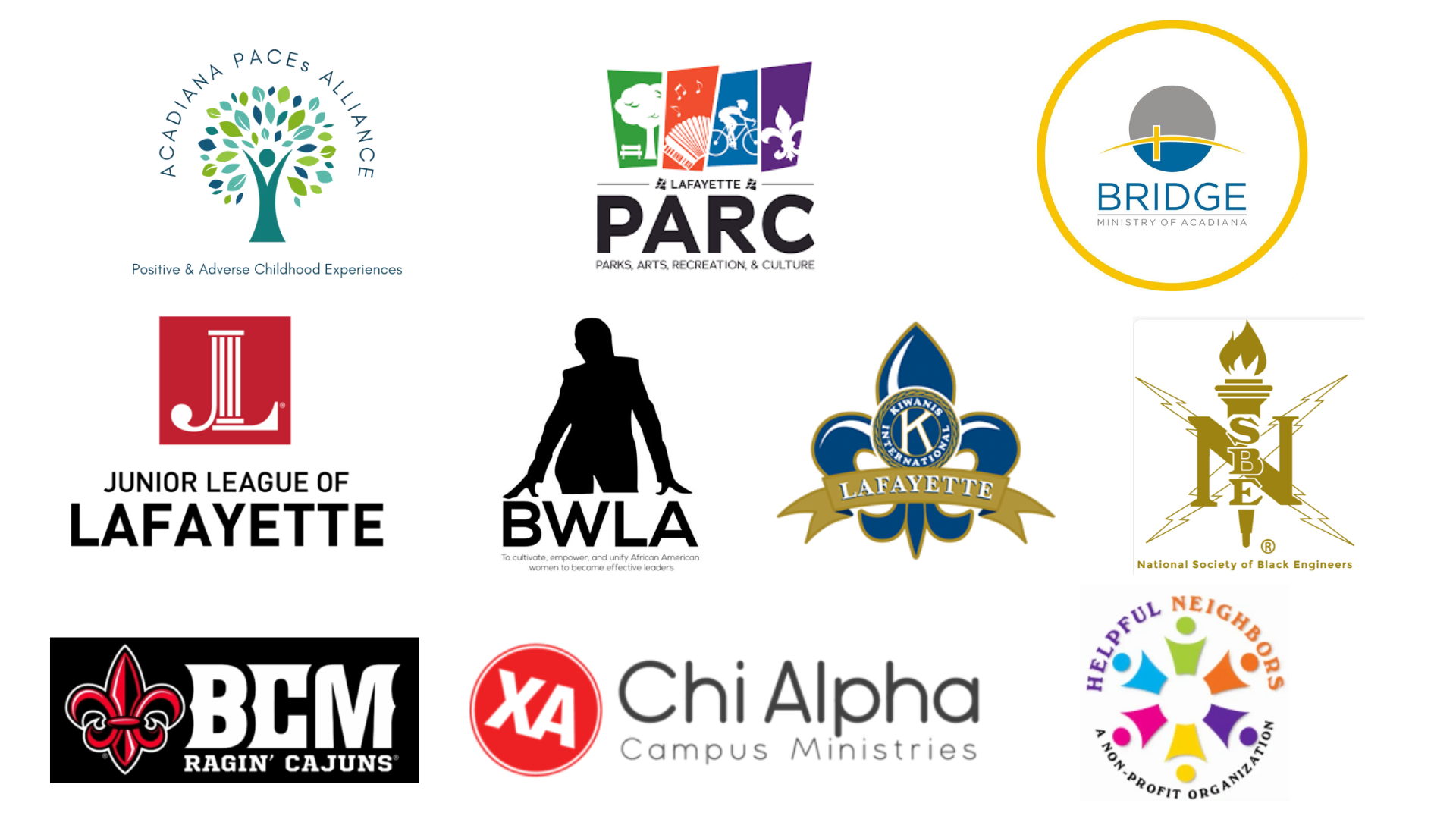 Strategic Partners Logos of New Hope's Strategic Partners including Acadiana PACEs Alliance, Lafayette PARC, Bridge Ministry of Acadiana, Junior League of Lafayette, Black Women Leaders Alliance, Kiwanis International Lafayette, National Society of Black Engineers, BCM Ragin' Cajuns, and Chi Alpha Campus Ministries.