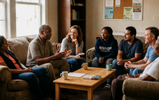 A diverse, multi-generational group of Black, White, and Hispanic community members engaged in a warm, collaborative discussion while sitting in a circle in a local community room.