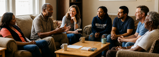 A diverse, multi-generational group of Black, White, and Hispanic community members engaged in a warm, collaborative discussion while sitting in a circle in a local community room.